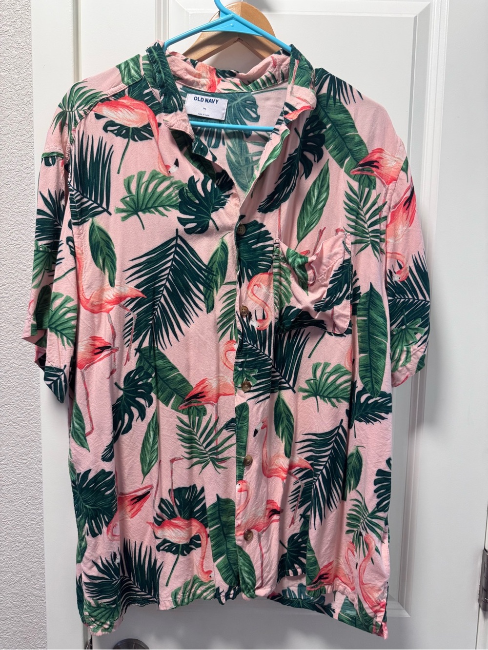 Old Navy Pink Tropical Flamingo Short-Sleeve Button-Down Shirt XL